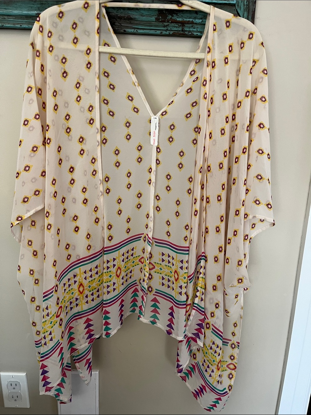 Love Tree Cream Geometric Border Kimono Tunic with Yellow and Pink Accents